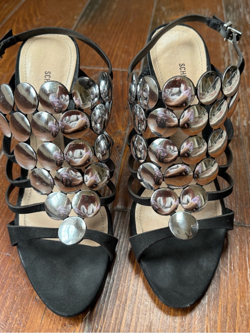 SCHUTZ Black Strappy Mirrored Heels - Eur Size 39